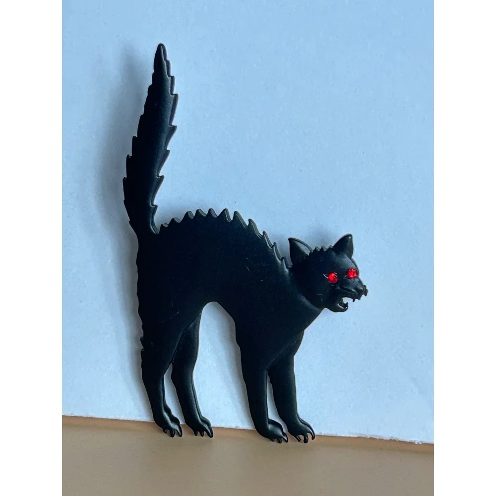Vintage Black Cat Brooch Red Rhinestone Eyes Halloween Pin JJ Jonette Jewelry